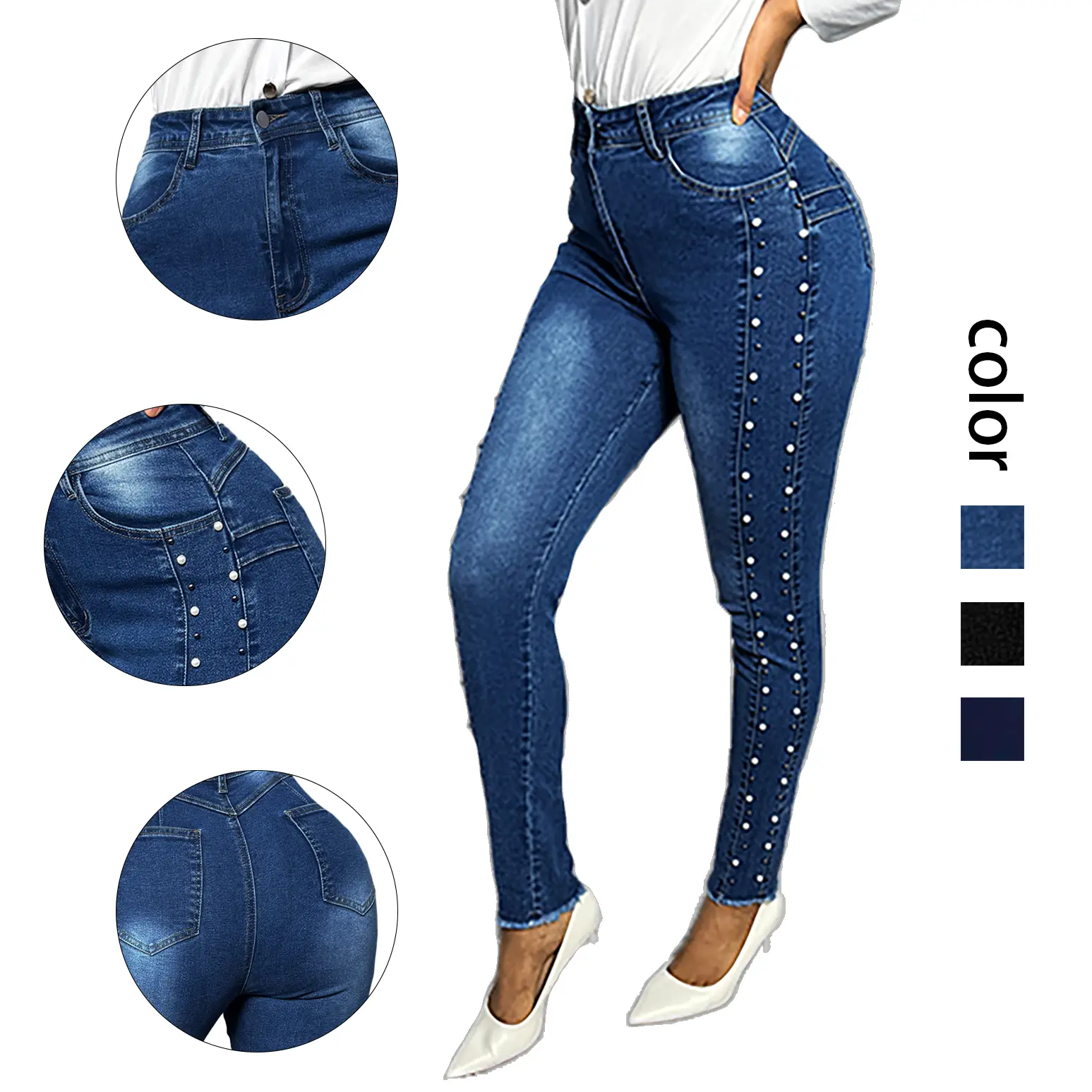 Women's High - Waisted Pearl - Embellished Skinny Jeans