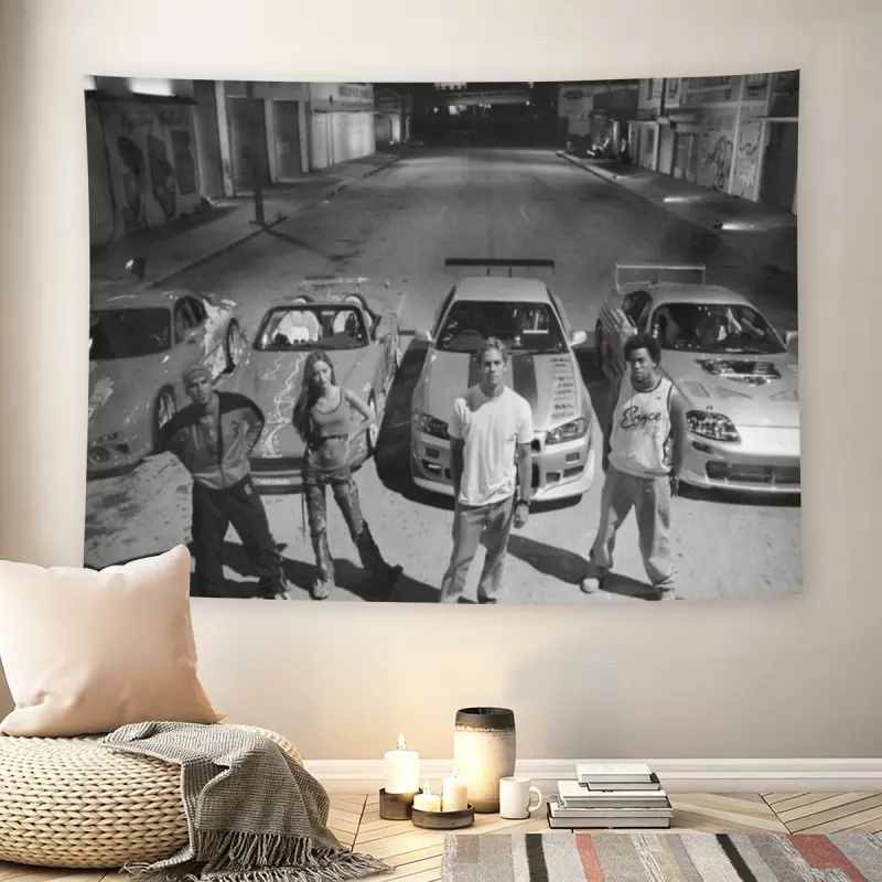 The Fast and the Furious Black White Crew Wall Flag, Classic Car Street Racing Tapestry, Living Room Wall Decor, Vintage Room Decor, Mid-century Modern Motorsport Room Decor for Adult Fans, 2000s Movie Nostalgia Wall Hanging
