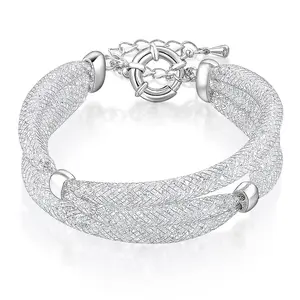 Aprilery Silver - Toned Mesh Weave Double - Strand Bracelet, Fashion Jewelry for Daily/Party Wear