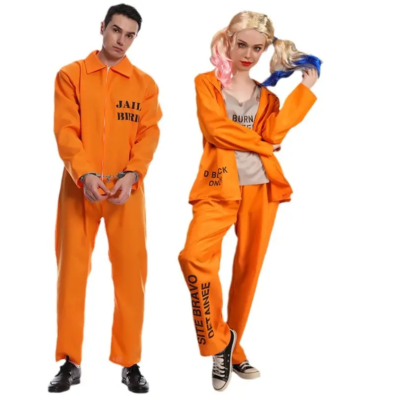 Men's Orange Prisoner Costume Jumpsuit Set - Lightweight Full-Zip Inmate Coverall with Detachable Chains, Cap, Pocket, Embroidered Details, Matching Couple Option for Halloween Parties | Menswear Clothes (Cc914 Model), Smooth, Relaxed Fit, Breathable, Wri
