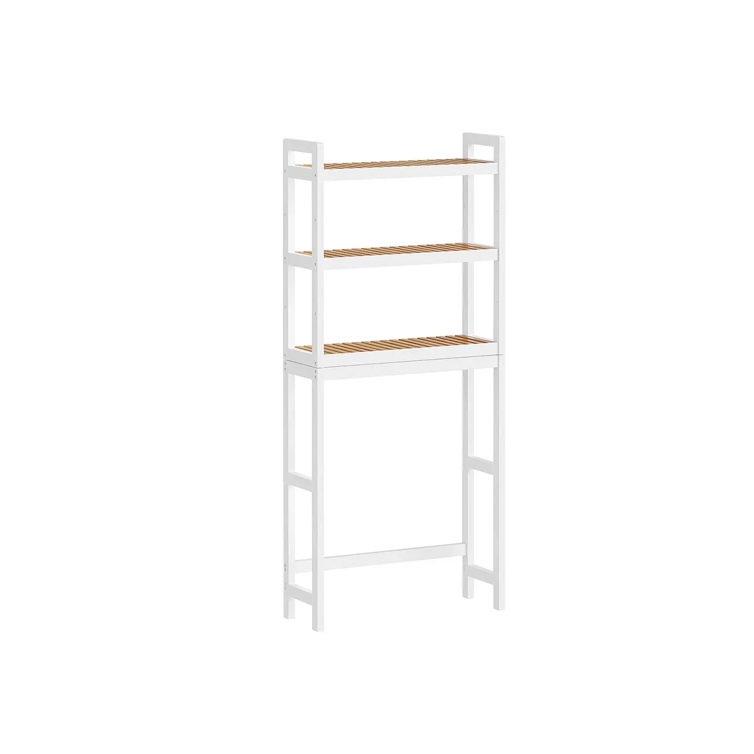 SONGMICS Natural Bamboo 3-Layer Over-The-Toilet Storage Rack, 10.2"d x 24.8"w x 66.9"h Bathroom Organizer with Adjustable Shelf, Toilet Paper Holder, Flower Display, Racks