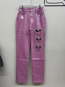 Women Triple line Heart Skinny Metallic Rhinestone Denim jeans