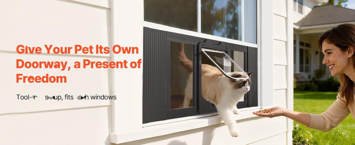Cat Door For Window, Adjustable To Fit Window Width From 27 To 32 Inches, Four Secure Lock Modes, Aluminum Frame And High-Transparency Glass Panel, Magnetic Closure, Weatherproof Quick-Fit Pet Door For Cats, Black