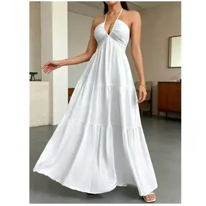 Women's Backless Halter Neck Maxi Dress | Deep V Layered Cake Flare Sundress | French Vacation Casual Elegant Summer Dress for Daily/Outdoor Wear women pink Ruffle Hem