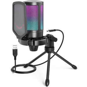 Gaming USB Microphone for PC PS5, Condenser Mic with Quick Mute, RGB Indicator, Tripod Stand, Pop Filter, Shock Mount, Gain Control for Streaming Discord Twitch Podcasts Videos- AmpliGame