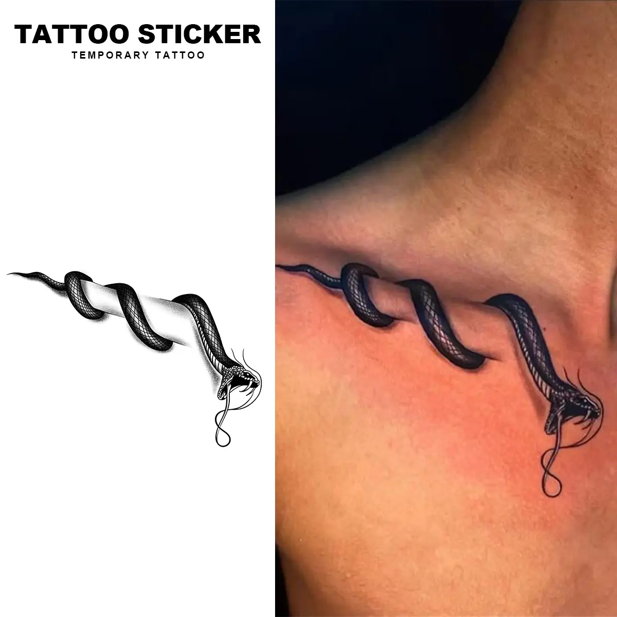 2 PCS Long Lasting Realistic Black Snake Wrap Tattoo Stickers 3D Reptile Serpent Grunge Dark Aesthetic Waterproof Sweatproof Collarbone Chest Temporary Body Art For Alt Women Men