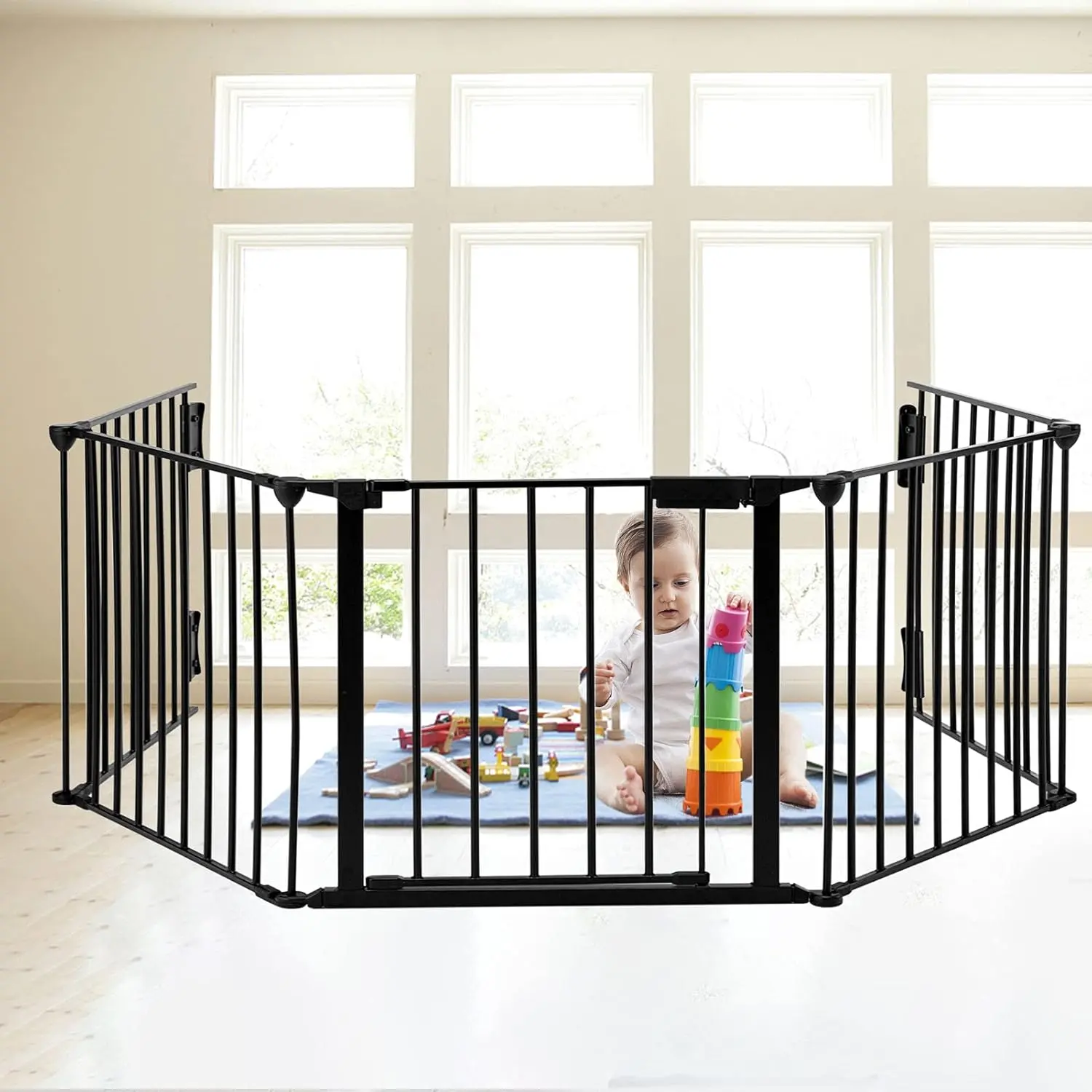 196.8inch/118inch/74inch Extra Wide Black Baby Gate with Door, Metal Long Baby Fence, Tall Pet Dog Gates for House Stairs Doorways,10ft Child Safety Fence Fireplace Christmas Tree,Indoor Outdoor, 3-Panel/5-Panel/8-Panel