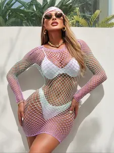 1PC Sexy Cover Up Women Fishnet Long Sleeves  Without Bikini For Music festival Bodycon Dress Hollow Out Vacation See Through Beachwear Summer Holiday
