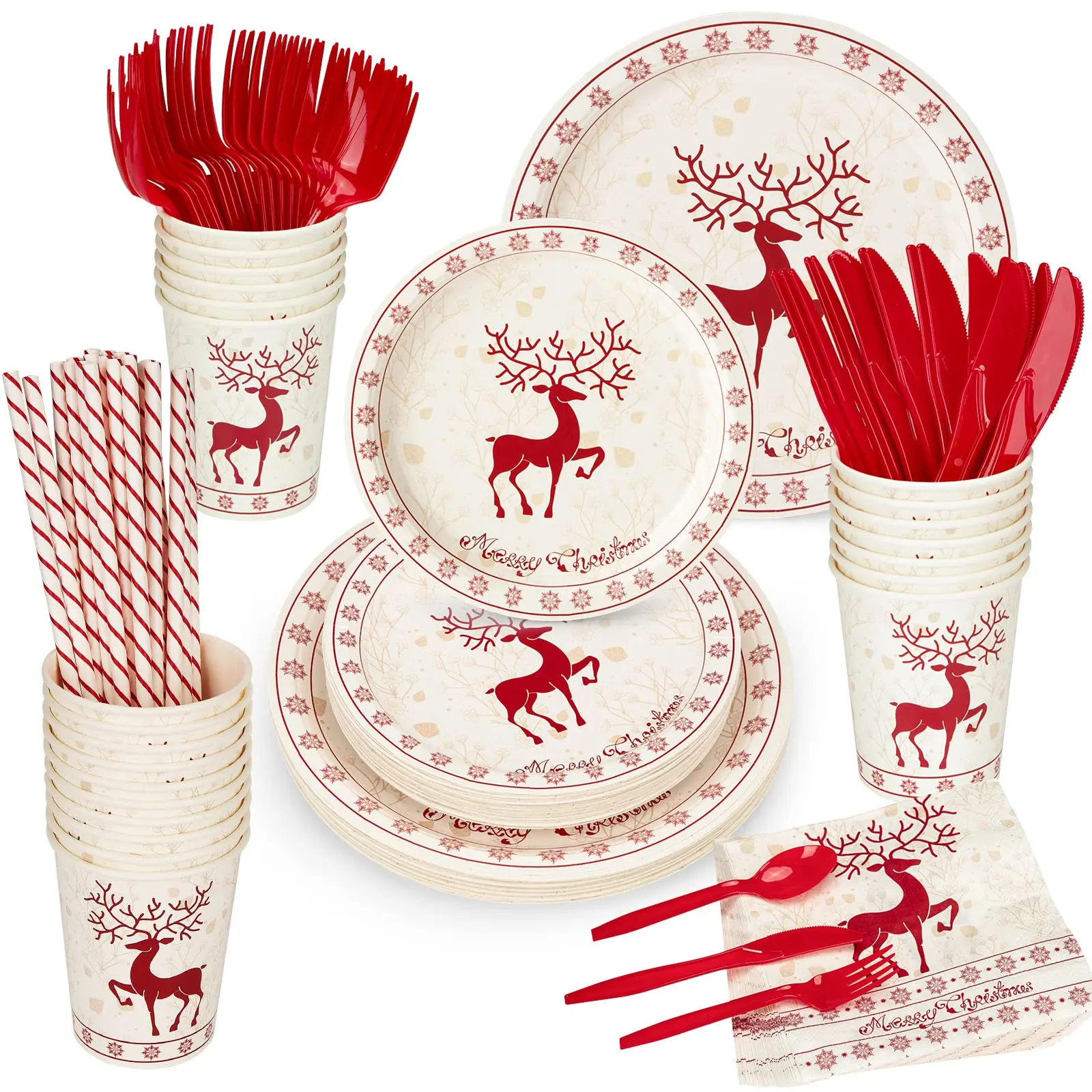 【GARVEE】215 Pcs Christmas Plates and Napkins Set Serve 25, Christmas Elk Disposable Tableware Set, Christmas Decorations Includes Plates, Cups, Napkins, Christmas Tableware