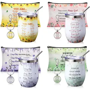 4 Set Christian Gift for Mom with 12 oz Verse Cup Religious Makeup Bag and Keychain Gift for Men Graduation Pastor Coworker Employee(Light,Flower)