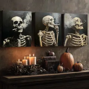 3 Counts Wooden Framed Canvas, Smoking Skeleton Character, Halloween Home Poster, Halloween Party Decorations, Living Room And Bedroom Hanging Paintings, Horror Theme, Interesting Posters, Exquisite Gifts, High-Definition Art, Wooden Wall Art