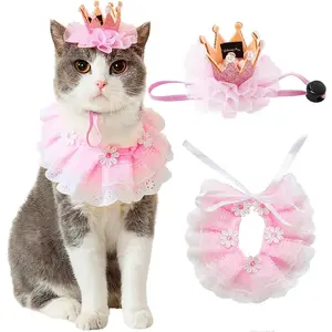 Cat Crown Hat & Lace Bandana Scarf Costume Set, Puppy Party Hat for Small Dogs and Cats, Lace Outfit for Pet Birthday Party (Pink)