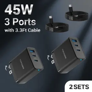 TOPADRE 45W GaN Fast Charger (1/2 Pack), 3-Port USB-C & USB-A Wall Charger with Foldable Plug & Indicator Light, Includes 3.3ft USB-C Cable, For iPhone 16/15 Series, Samsung Galaxy, Pixel