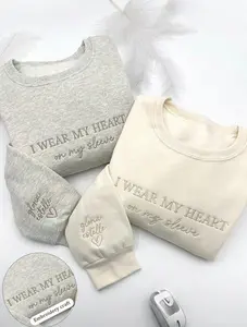 I Wear My Heart on My Sleeve Mother’s Day Embroidered Sweater, Child's Name on Sleeve Hoodies T-Shirts, Gift for Mam Mum Mom