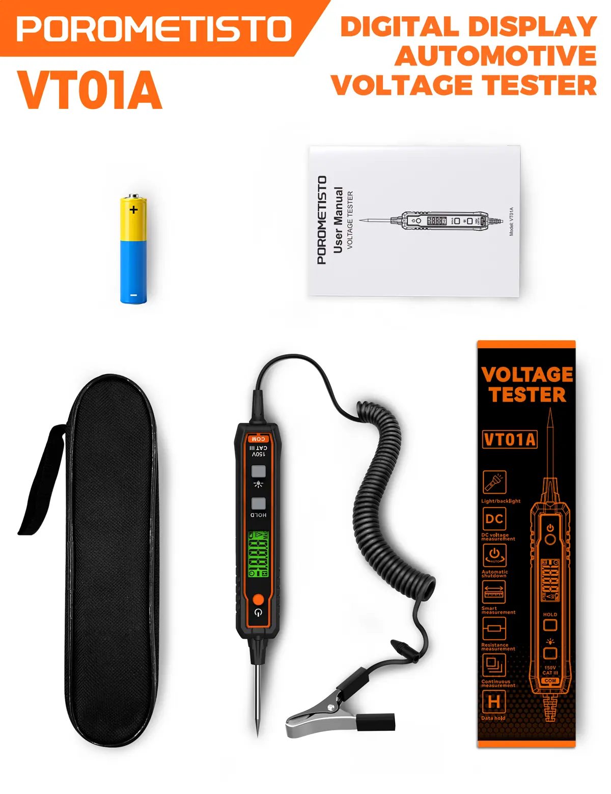 POROMETISTO-VT01A 0.8-100V DC Smart Automotive Circuit Tester, Voltage Tester with Auto-Identification for Voltage/Resistance/Continuity, Car Battery Tester with Buzzer, Flashlight, Backlight & Data Hold,  wire breakpoint finder