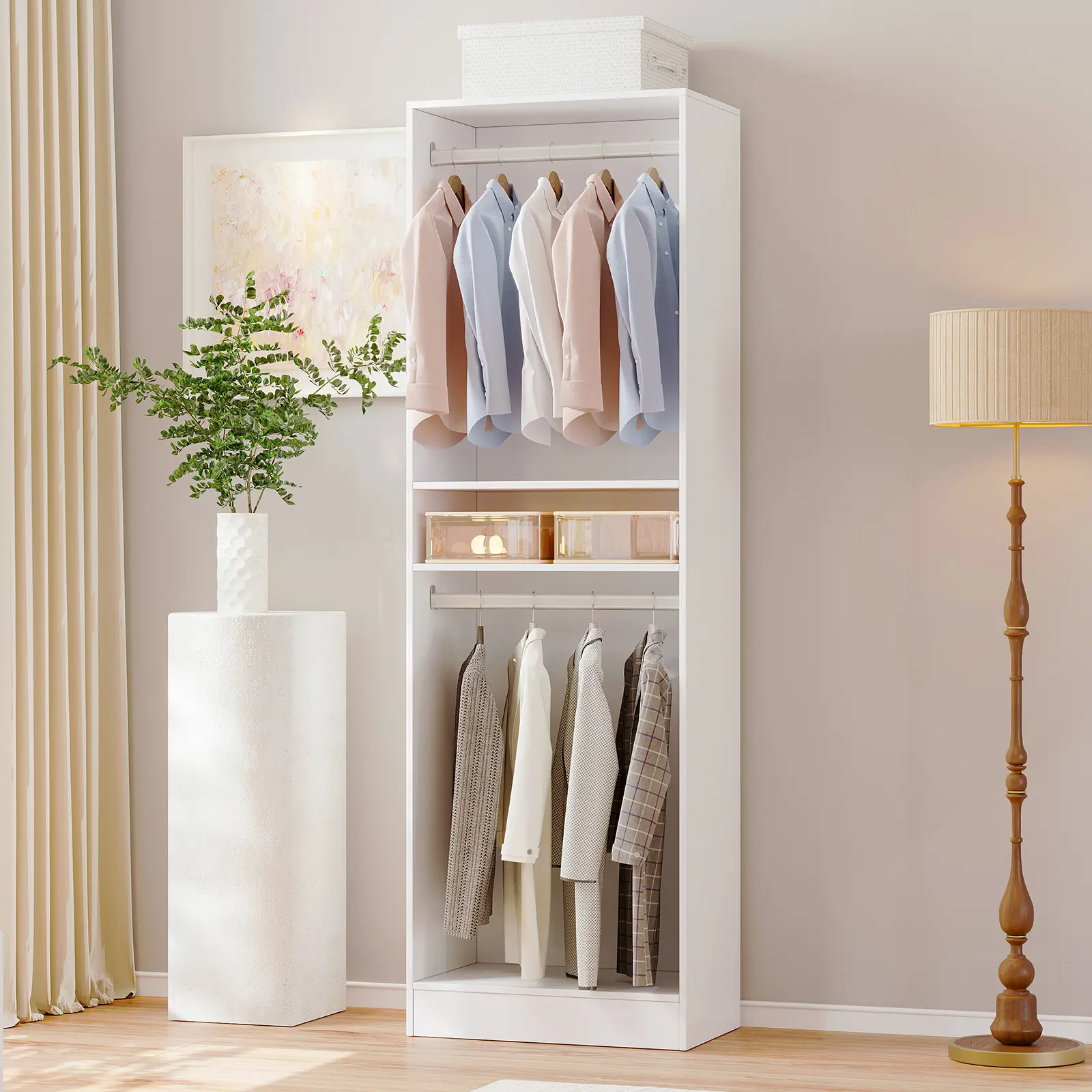 VOWNER Combination Storage Cabinet 78" Tall Wardrobe with Clothes Rod and Shelves Organizer Storage Open-front Freestanding Closet for Office Home Garage Laundry Room White Black