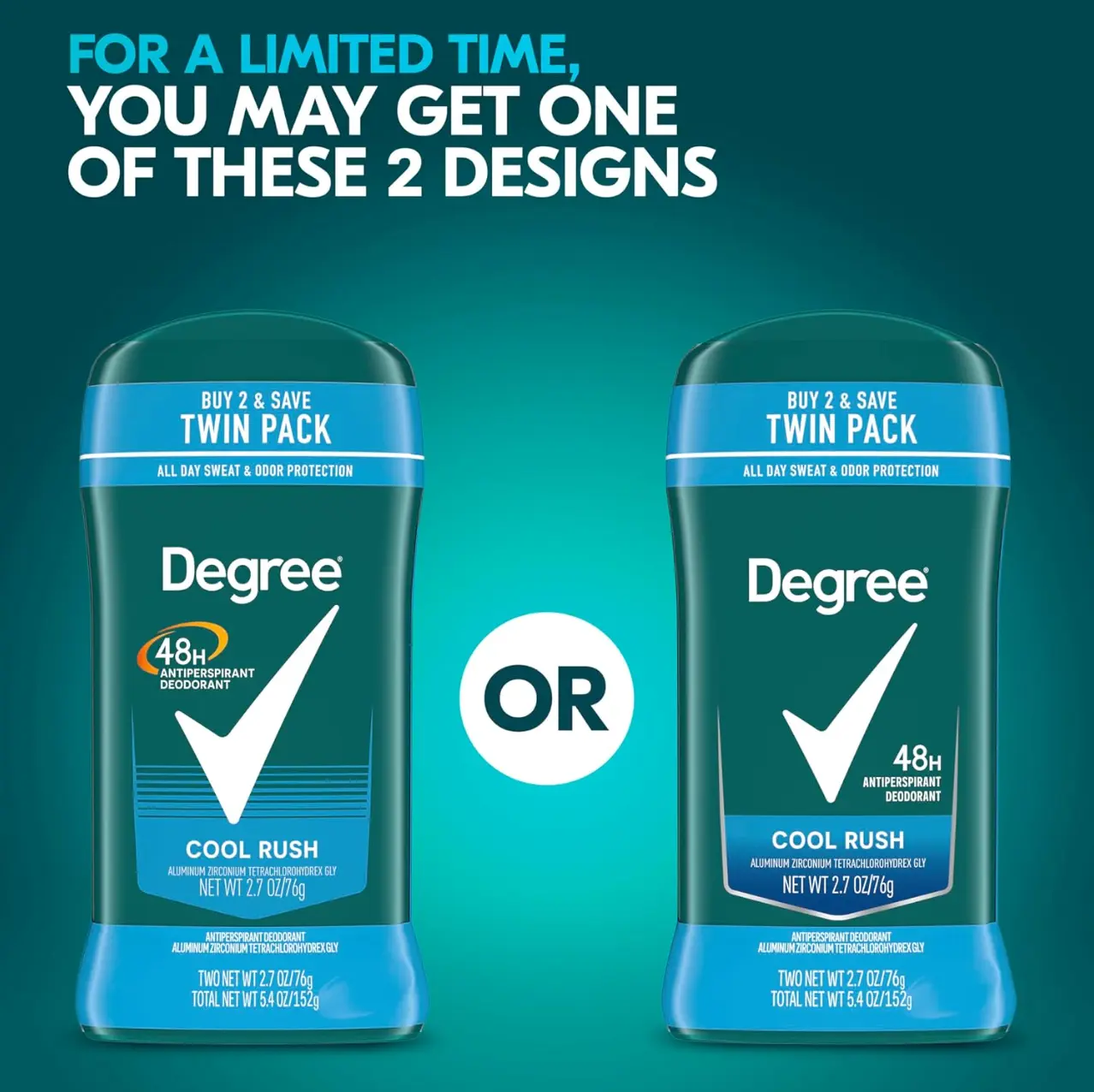 Degree Men Cool Rush Antiperspirant Deodorant Twin Pack, 48-Hour Sweat & Odor Protection, 2.7 oz
