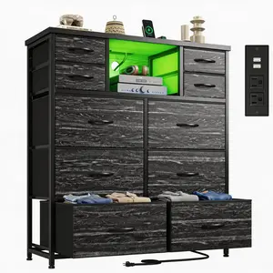 RaybeeFurniture 10 Drawers Dresser for Bedroom, Fabric Organizer Unit with LED Light & Charging Station, Sturdy Chest of Drawers with 2 Open Wooden Shelves, Sturdy & Space-Saving Bedroom Dresser for Storage, Closet, Hallway, Dorm