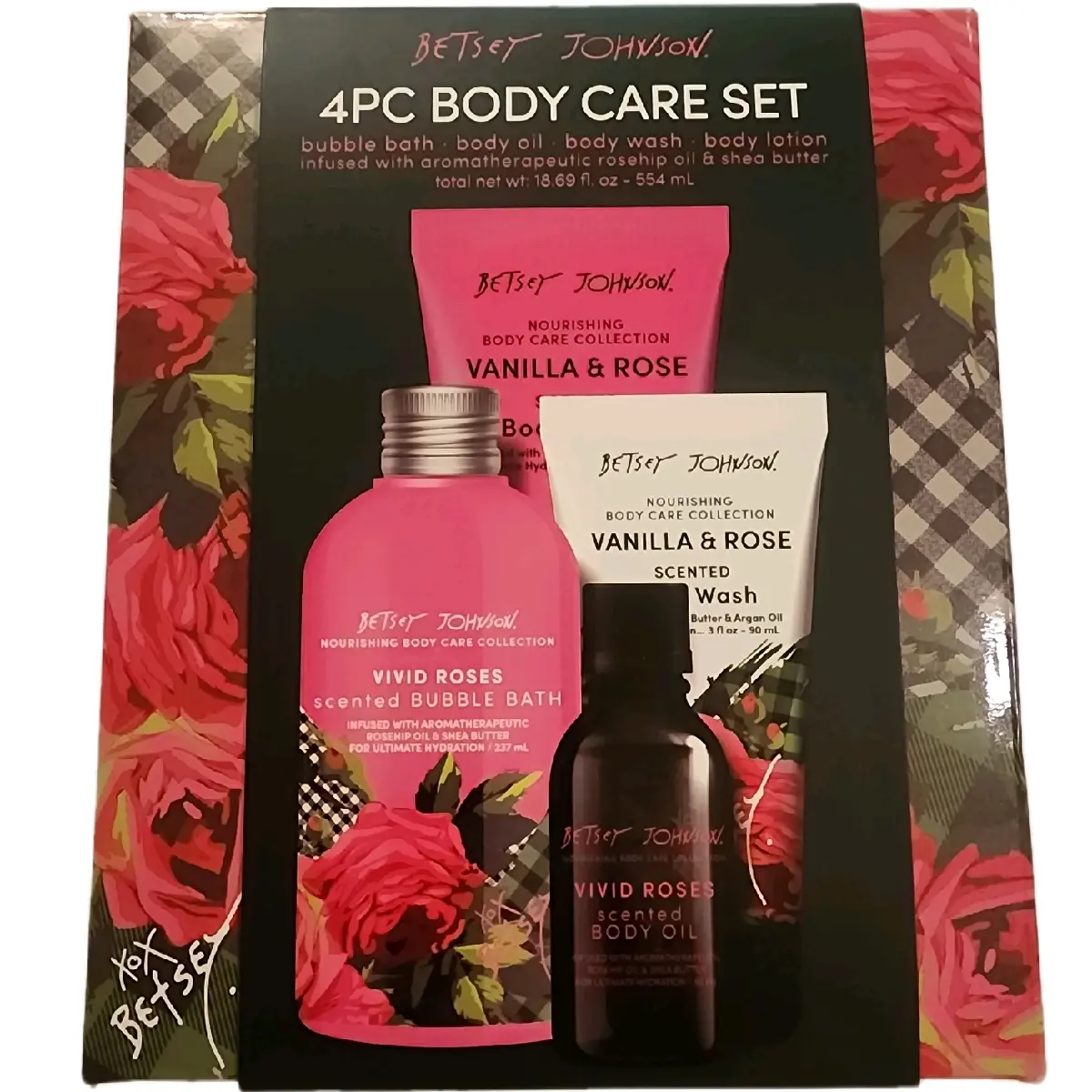 Betsey Johnson 4PC Body Care Set. Bubble bath, body oil, body wash, body lotion rosehip oil and shea butter