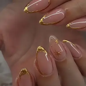 24 handmade false nails, featuring a gilded 3D French short almond design in a luxurious starry sky style. These removable and reusable false nails are perfect for wedding parties and everyday gatherings.