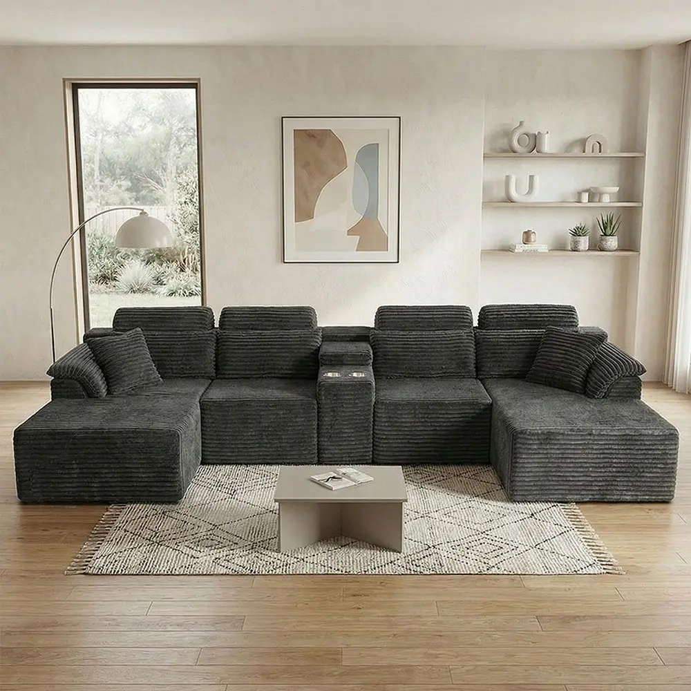 147" Modular Sectional Sofa, Oversized Modern Corduroy Cloud Couch with 2 Chaise and Cupholders, U Shape Sofa Couch Boneless Couches for Living Room, No Assembly Required