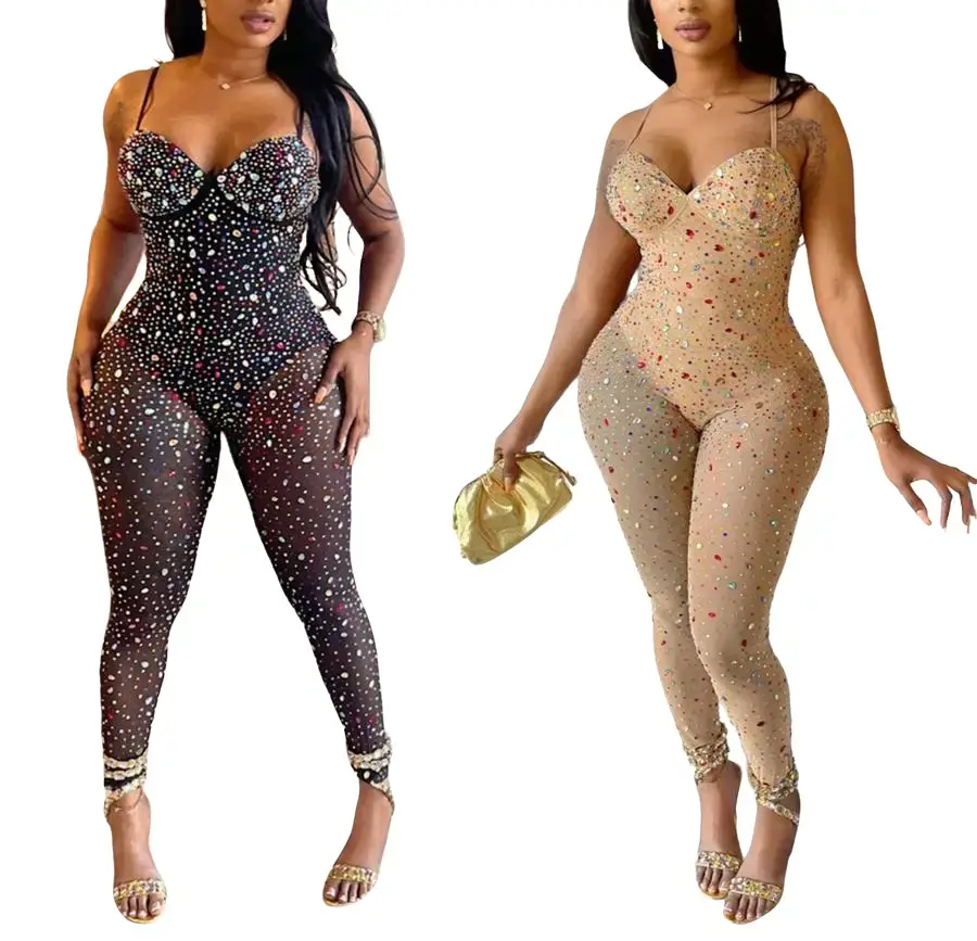 The Plug Hub Glam Girl slight stretch rhinestone padded sling see-through jumpsuit