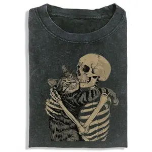 Skeleton Hugging Cat Unisex Vintage Washed Crew Neck Heavyweight Regular Fit Cotton Fabric Casual Comfort Breathable Short Sleeve Funny T-shirts for Summer Fashion Men&Women's Top for Daily Wear 091003