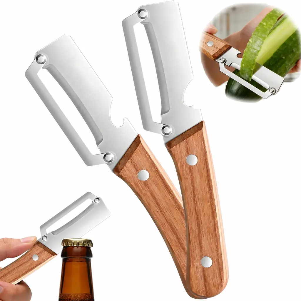 2PCS Hand Held Kitchen Multitools - Wooden-Handled Stainless Steel Metal Blade Utensils, Hand Held Peeler with Bottle Opener for Meal Preparation, Vegetable Peeling, Carrot Peeler