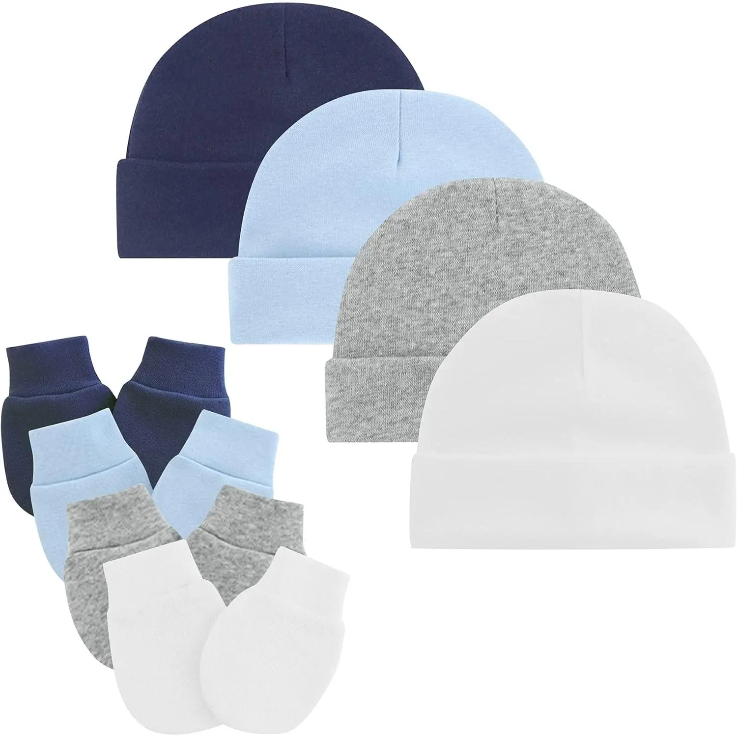 KF5-KC005 Newborn Cotton Infant Caps & Stretchy 90% Cotton Scratchguard Mitts Set, Warm Knit Beanie Hospital Essentials for 0-6M Boys & Girls, Beanies, Cute Beanie Hat