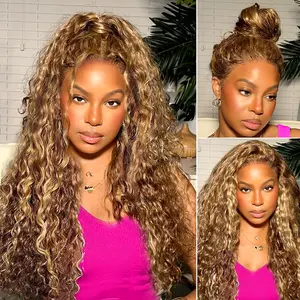 [28Inch for Only $99] Yilike Ombre Honey Blonde 360 Lace Front Wigs Human Hair Invisi Strap Highlight Deep Wave Lace Front Wigs Human Hair 180 Density 4/27 Colored Highlight Curly Glueless Wigs 360 HD Full Lace Frontal Blonde Wigs for Women