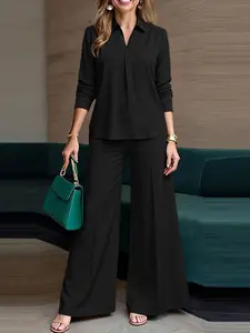 Women's Casual Solid Color Set, V-Neck Long Sleeve Hoodie and Wide Leg Pants Design, Perfect for Daily Commuting and Travel