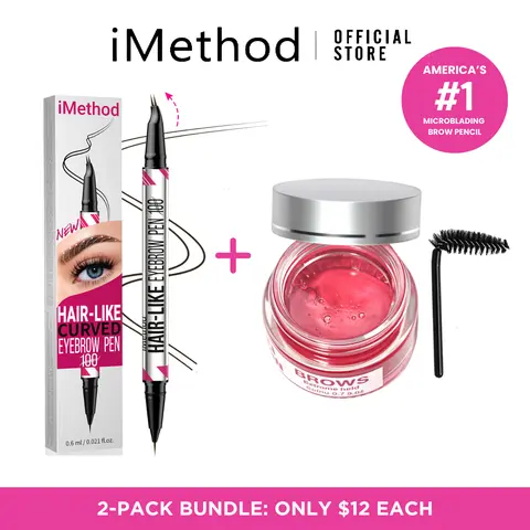 iMethod Pink Brow Gel & Curved Microblade Eyebrow Pen Multi-Pack - Micro-Fork-Tip Applicator, Waterproof, Sweat-Proof Eyebrow Products Cosmetic for Adult Brow Maintenance (03 Black Brown+Brow Gel)