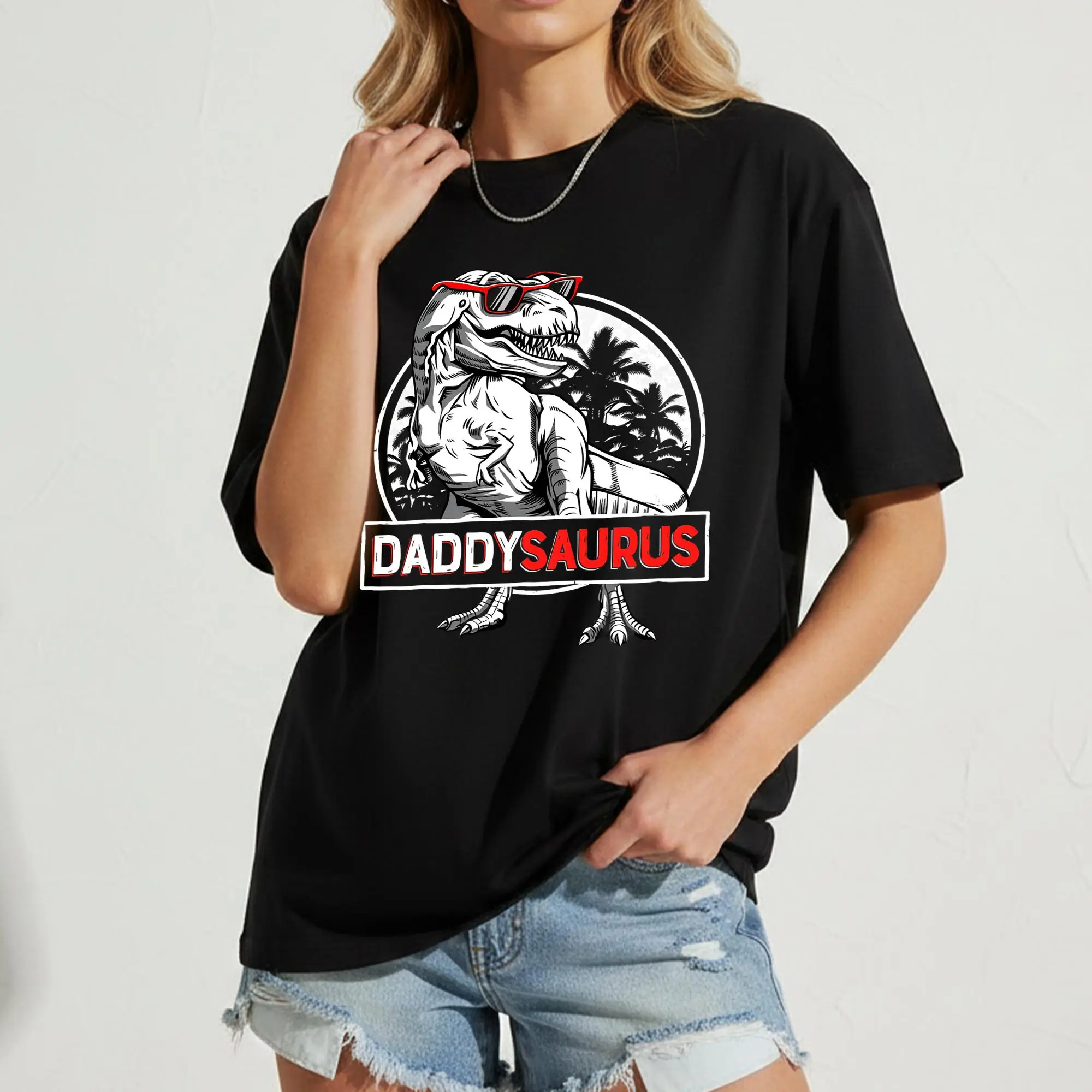 Women's Mama-Daddy Saurus T-Rex Dinosaur Funny Family Graphic T-Shirt, Breathable Flat-Fit Love-Themed Casual Short-Sleeve Top for Day Wear (matching skirts compatible)