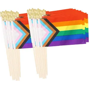 50 Pack Small Progress Pride Rainbow Gay Stick Flag Mini Hand Held LGBTQ Flags Decorations 5x8inch