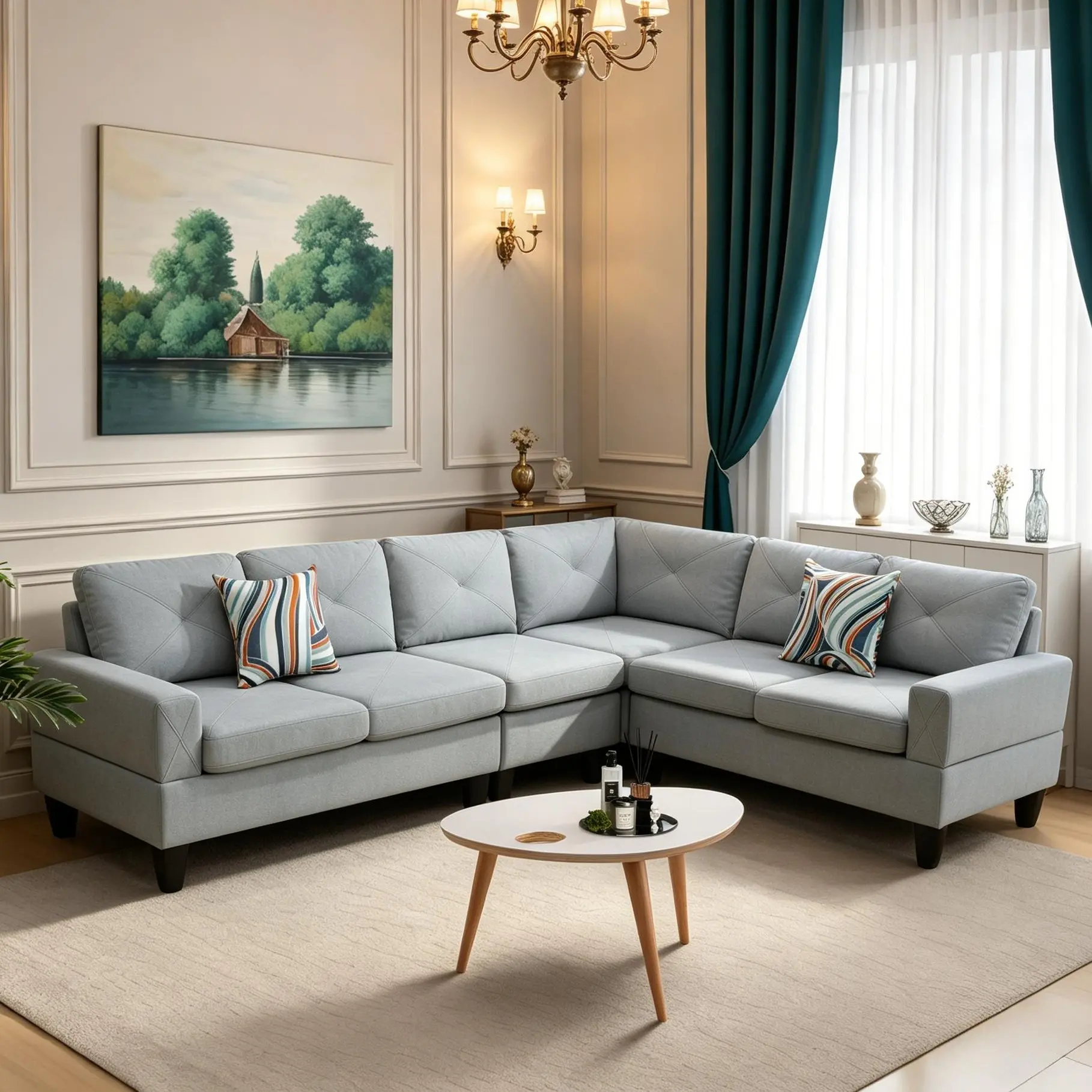 Grey Calico 4-Piece Living Room Sofa Set - Longlasting, Multi-Piece, Textured, User-Friendly Indoor Furniture with Soft Calico Fabric, Muted Grey Tone, Breathable Surface, Dense Padded Cushions, Robust Frame, Longlasting Sofa Sets, Multi-Piece Sofa Sets