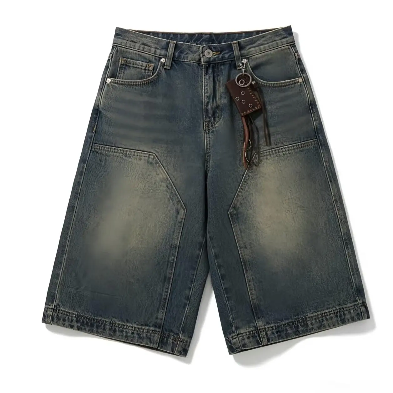 Men's Thick Cotton Fabric Vintage Mud Wash Double Knee Denim Jorts - Belt-Included, Baggy Below-the-Knee, 90s Loose Fit Workwear Carpenter, Y2K Wide Leg Skater Jean Shorts