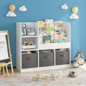 Bookcase and Bookshelf, Multifunctional Bookcase with 3 Collapsible Fabric Drawers, Bookcase Display Stand, Toy Storage Organizer for Bedroom, Playroom, Hallway (White/Gray)