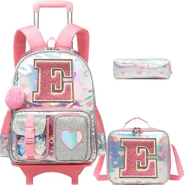 Girls' Glitter Letter E Holographic 3-in-1 Rolling Backpack Set, Insulated Lunch Bag & Pencil Case Bundle, Adjustable Telescopic Handle for Elementary School Luggage
