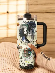 Studio Ghibli 40oz Tumbler with Handle and 20oz tumbler skinny and curve _ Totoro, No Face & Calcifer Anime Travel Mug with Straw _ Premium Insulated Stainless Steel Fan Gift Idea