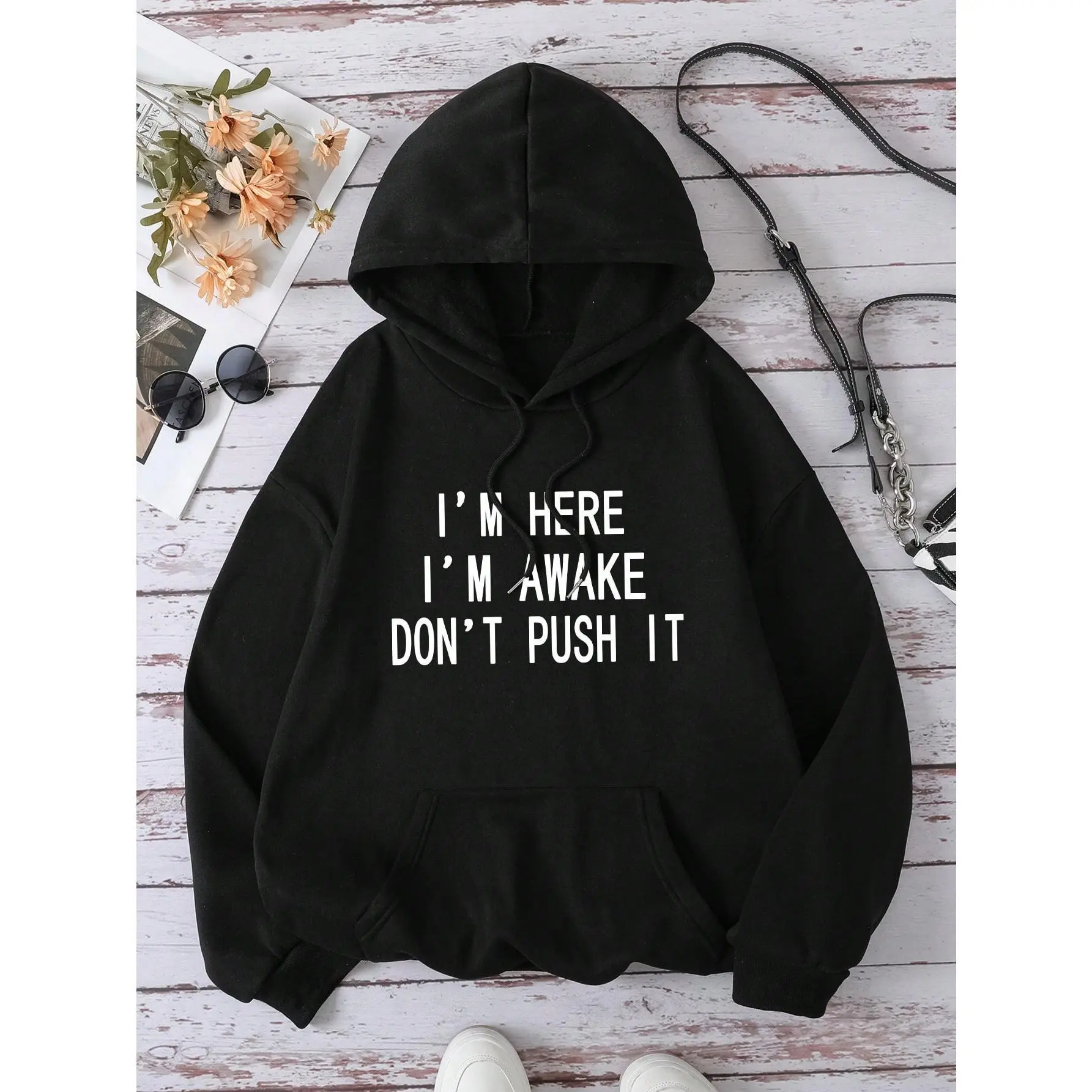 Slogan Graphic Kangaroo Pocket Drawstring Thermal Hoodie I'M HERE I'M AWAKE DON'T PUSH IT,Long Sleeve Tops