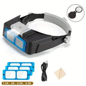 Rechargeable Headband LED Magnifying Glass with 4 Interchangeable Lenses (1.5x-3.5x), Ideal for Repair, Reading, and Handicrafts