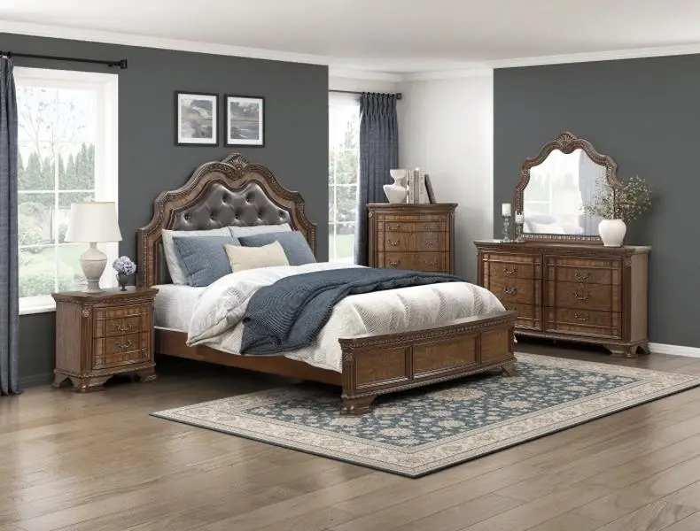 Homelegance Bridgepoint 4-Piece Indoor Bedroom Set, Deep Dark Wood Finish, Carved Details, Upholstered Headboard, Nightstand, 28"X18"X28"H, 65.5"X19"X39"H, 67"X92.5"X70.5"H, Adds a Touch of Elegance