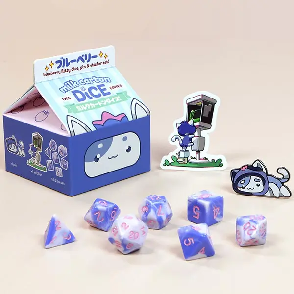 1985 Games Blueberry Kawaii Cat Acrylic Dice Set (1-Pack, 7-Piece, 14–20 Mm) - Milk Carton-Inspired Polyhedral RPG Dice with Sticker, Enamel Pin, Charming Box - For Back to School, Birthdays, 12 Years Above, D&D, Pathfinder, Collectibles