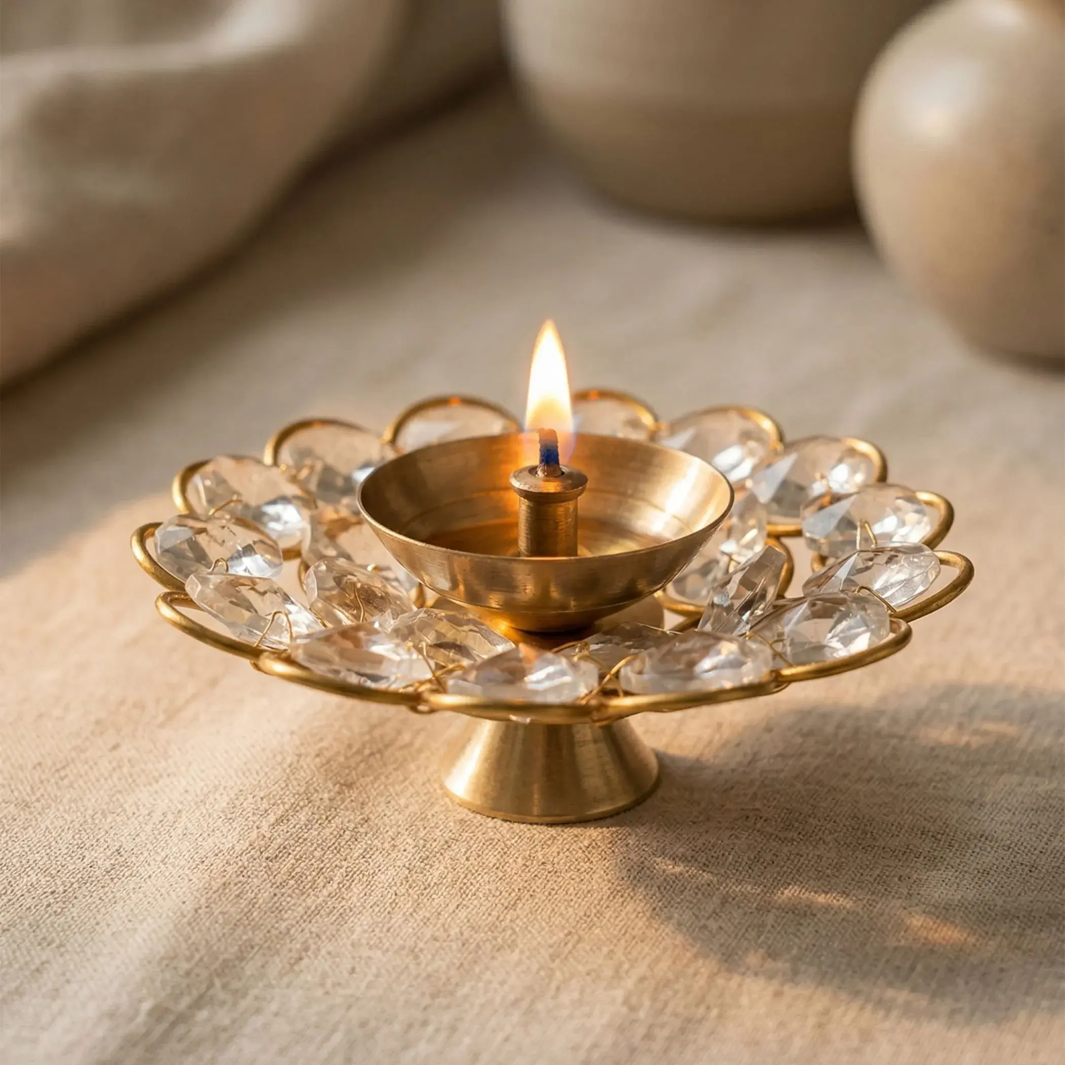 Elegant Brass Diya with Acrylic Floral Design | Diwali Light for Pooja, Kuthu Vilakku, Temple Decor | Cherished Housewarming Gift