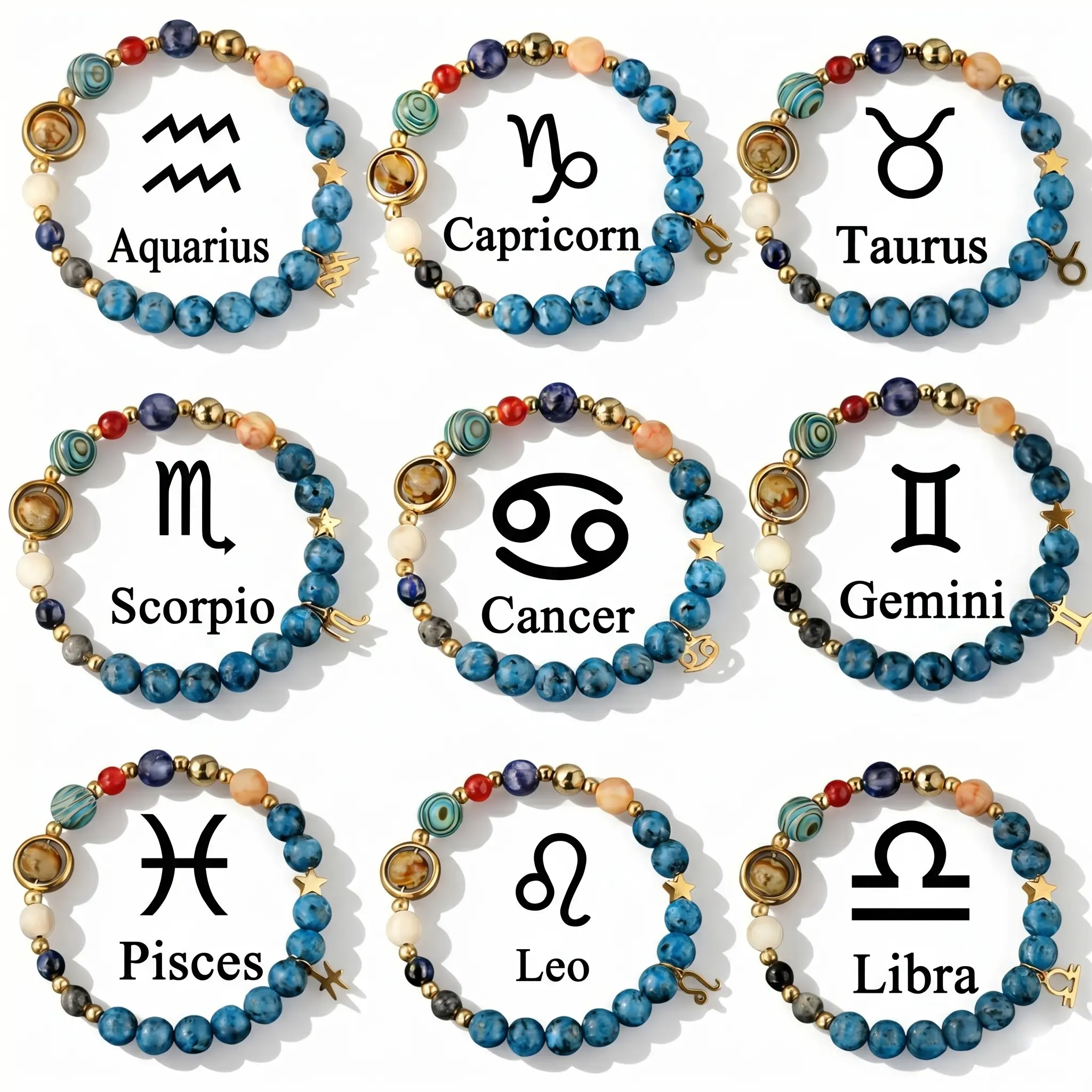 Non-Natural Crystal Solar System Zodiac Bracelet - Unisex Casual Jewelry, Graduation/Birthday Wishlist/Valentine Gift, Girlfriend Birthday Gift, Cotton Versatile Accessory