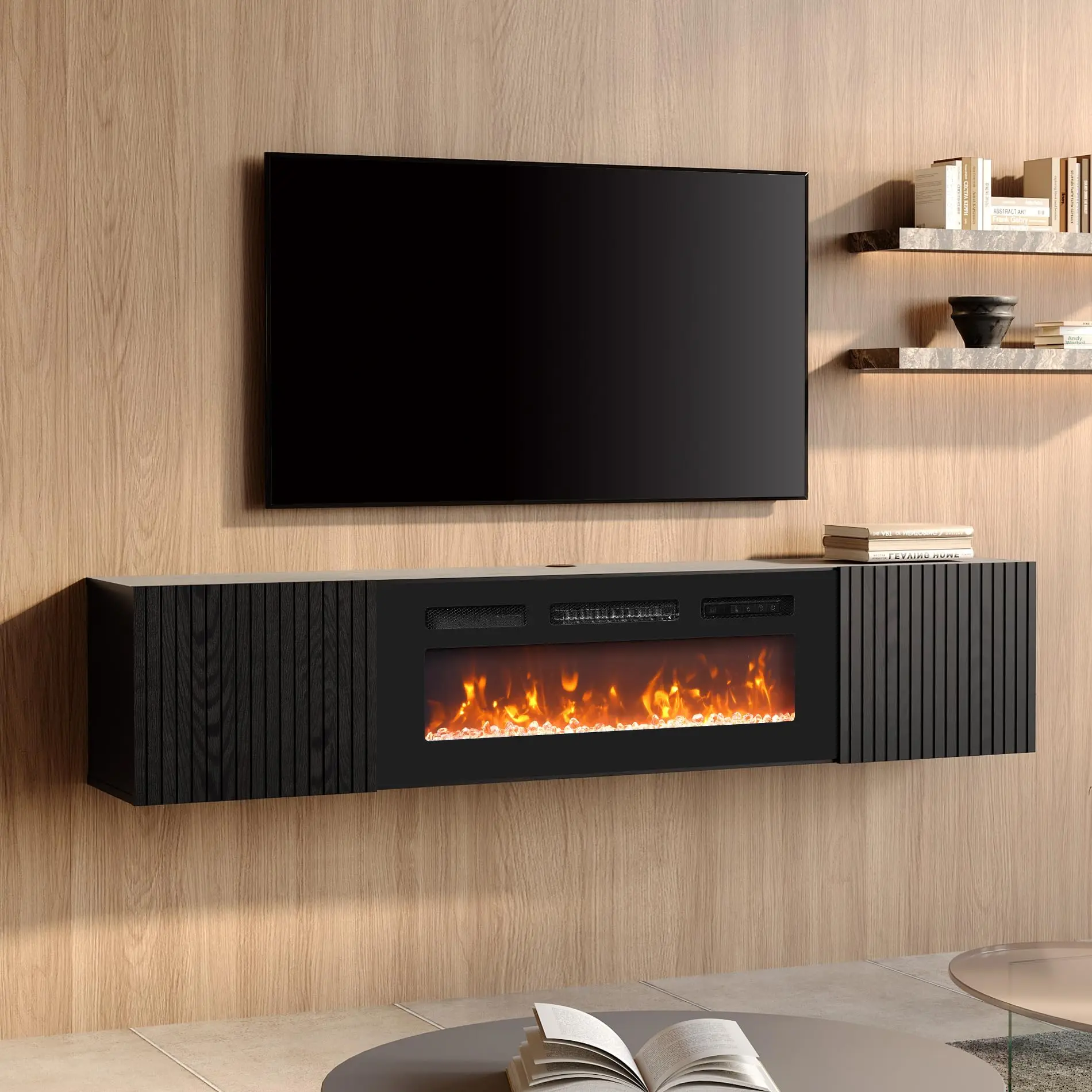 【TikTokShopStockUp】70" Wall-Mounted Floating TV Stand - Rectangular Wood Media Center for 80" TVs, 36" Fireplace, Wave Pattern, LED Lighting, Easy Assembly Modern Home Decor Console