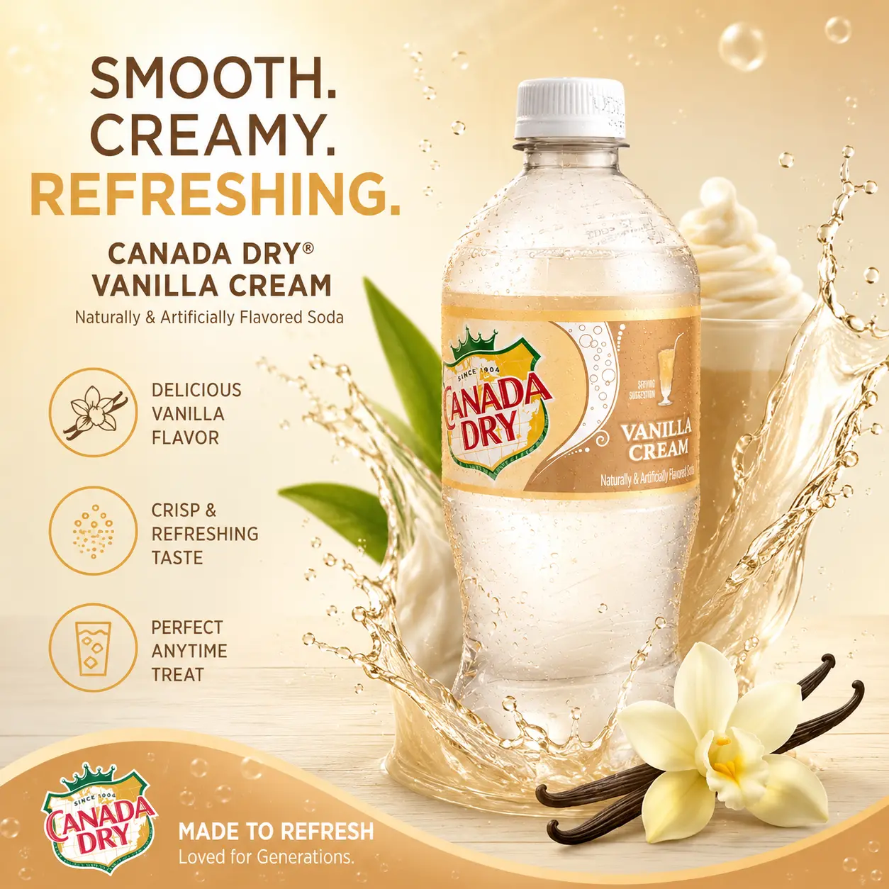 Canada Dry Vanilla Cream Sweet Sparkling Soda - Thirst-Quenching Beverage with Taffy Flavor
