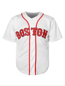 Men's Letter & Number Embroidery Button Front Baseball Jersey, Loose Casual Breathable Short Sleeve V Neck Baseball Top for Summer, Fashion Men's Sportswear for Baseball, White