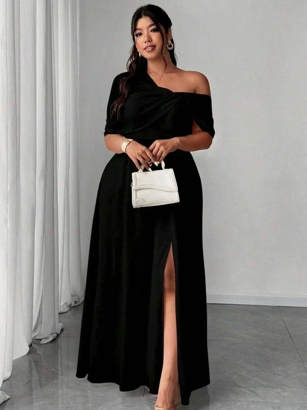 Plus Size Women Elegant Romantic Wedding / Party / Banquet Chiffon One-Shoulder Split Hem Dress