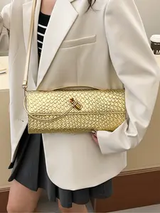 A Fashionable and Luxurious Casual Woven Plaid Solid Color Buckle Opening and Closing PU Crossbody Bag, with Adjustable Shoulder Strap and Fixed Carrying Strap, Multifunctional for Women's Daily Commuting and Shopping, Crossbody Clutch Purse